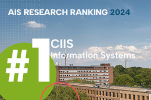 Drohnenbild des WiSo-Hochhauses und des Erweiterungsbaus. Text: "AIS Research Ranking 2024 - #1 CIIS Information Systems"